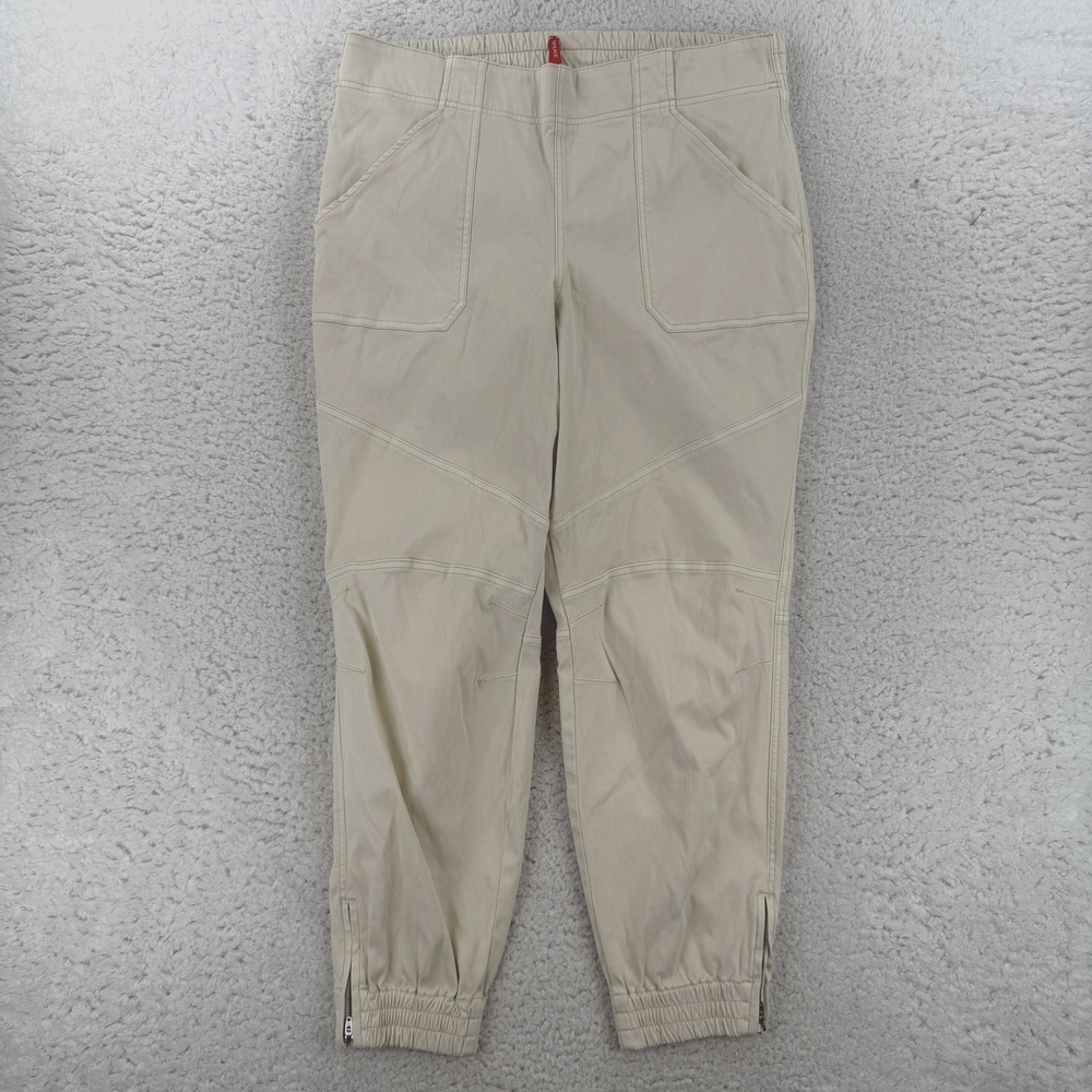 Spanx Twill Jogger Pants Womens 2X Beige Elastic Waist Ankle Zip Double Knee